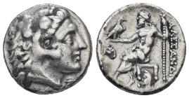 Kings of Macedon, Alexander III 'the Great'. AR Drachm, 3.66 g 17.11 mm. 336-323 BC. Abydos.
Obv: Head of Herakles right, wearing lion skin.
Rev: AΛΕΞ...