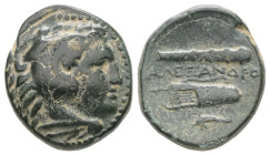 Kings of Macedon. Alexander III ‘the Great’. Ae, 6.03 g 19.21 mm. 336-323 BC. Uncertain Macedonian mint.
Obv: Head of Herakles right, wearing lion's s...