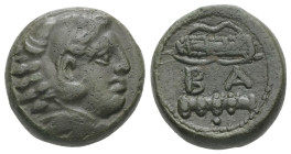 Kings of Macedon, Alexander III 'the Great'. AE, 6.16 g 17.54 mm. 336-323 BC. Uncertain Macedonian mint.
Obv: Head of Herakles right, wearing lion ski...