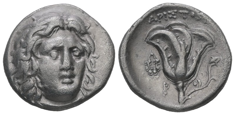 Caria, Rhodos. AR Didrachm, 6.40 g. - 21.24 mm. Circa 275-250 BC. Aristobios, ma...