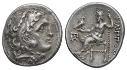 Kings of Macedon, Philip III Arrhidaios. AR Drachm, 4.11 g 18.19 mm. 323-317 BC. Kolophon.
Obv: Head of Herakles right, wearing lion skin.
Rev: ΦΙΛΙΠΠ...