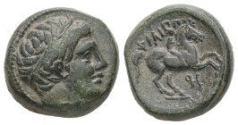 Kings of Macedon. Philip II. Ae, 5.82 g 16.49 mm. 359-336 BC. Uncertain mint in Macedon.
Obv: Male head right, wearing tainia.
Rev: ΦΙΛΙΠΠΟΥ. Youth on...