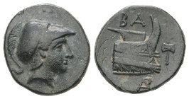 Kings of Macedon. Demetrios I Poliorketes, 306-283 BC. AE, 1/2 Unite. 2.42 g. 15.93 mm. Uncertain mint, possibly in Caria?. Struck circa 290-283 BC.
O...