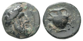Cyclades, Andros. Ae, 1.52 g 11.23 mm. 4th-3rd century BC. 
Obv: Head of Dionysos to right, wearing ivy wreath. 
Rev: A-N Amphora decorated with ivy l...