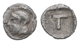 Arkadia, Tegea. AR Hemiobol, 0.17 g 6.63 mm. Circa 423-400 BC.
Obv: Helmeted head of Athena left.
Rev: Large T within shallow incuse square.
Ref: HGC ...