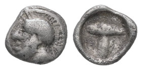 Arkadia, Tegea. AR Hemiobol, 0.26 g 7.11 mm. Circa 423-400 BC.
Obv: Helmeted head of Athena left.
Rev: Large T within shallow incuse square.
Ref: HGC ...