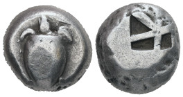 Attica, Aegina. AR Stater, 12.20 g 18.05 mm. Circa 525-480 BC.
Obv: Sea tortoise.
Rev: Incuse square with windmail pattern.
Ref: Meadows Group II; HGC...
