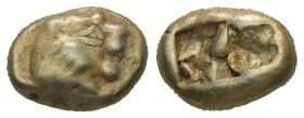 Kings of Lydia, Time of Alyattes to Kroisos. EL Trite or 1/6 Stater, 2.36 g. - 11.28 mm. Circa 620/10-550/39 BC. Sardes.
Obv.: Head of lion right, su...