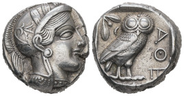 Attica, Athens. AR, Tetradrachm. 17.19 g. 22.94 mm. Circa 454-404 BC.
Obv.: Head of Athena to right with almond-shaped profile eye, wearing crested At...