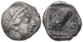 Attica, Athens. AR Tetradrachm, 16.91 g 23.15 mm. Circa 454-404 BC.
Obv: Helmeted head of Athena right, with frontal eye.
Rev: AΘE. Owl standing right...