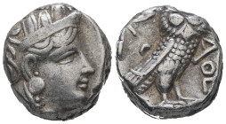 Attica, Athens. AR Tetradrachm, 17.16 g 21.15 mm. Circa 353-294 BC.
Obv: Helmeted head of Athena right, with profile eye.
Rev: AΘE. Owl standing right...