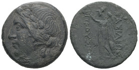 Kings of Bithynia, Prousias I Cholos, Ae, 9.30 g 26.99 mm. Circa 230-182 BC. Nikomedeia.
Obv: Laureate head of Apollo left. Countermark: Head left wit...