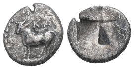 Bithynia, Kalchedon. AR Siglos 1/10. 0.97 g 10.84 mm. Circa 340-320 BC. 
Obv: Bull standing left on grain ear 
Rev: Mill sail incuse. 
Ref: SNG BMC Bl...