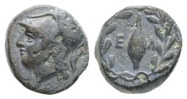 Aeolis, Elaia. Ae, 1.59 g. 10.89 mm. Circa Mid 4th-3rd century BC.
Obv.: Head of Athena left, wearing crested Corinthian helmet decorated with serpent...