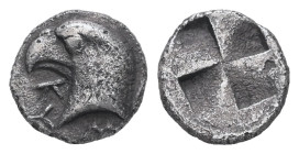 Aeolis, Kyme. AR Hemiobol. 0.49 g 8.02 mm. Circa 480-450 BC.
Obv: K Y. Head of eagle left.
Rev: Quadripartite incuse square.
Ref: SNG Copenhagen 31; K...