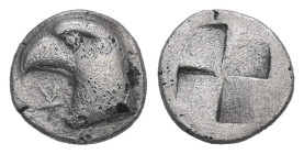 Aeolis, Kyme. AR Hemiobol. 0.43 g. 7.86 mm. Circa 450-400 BC.
Obv.: Eagle's head to left; below beak, star of six points (monogram of ΚΥM?).
Rev.: Qua...