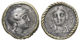 Aeolis, Myrina. AR Hemidrachm, 1.95 g 14.09 mm. 4th century BC.
Obv: Helmeted head of Athena right.
Rev: M - Y. Bust of Artemis facing slightly left, ...