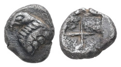 Troas, Abydos. AR Hemiobol, 0.55 g 7.69 mm. Late 6th-early 5th centuries BC.
Obv: Forepart of eagle left
Rev: Quadripartite incuse square.
Ref: Cf. SN...