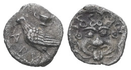 Troas, Abydos. AR, Obol. 0.56 g. 10.65 mm. Circa 480-450 BC.
Obv.: ABY. Eagle standing left, kantharos to right.
Rev.: Facing gorgoneion, with tongue ...