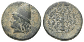 Troas, Birytis. Ae, 5.34 g 19.52 mm. 4th-3rd centuries BC.
Obv.: Head of Kabeiros left, wearing pilos; star to left and right.
Rev.: B I / P Y , in tw...