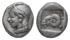 Troas, Kebren. AR Diobol, 1.27 g 9.26 mm. Circa 450 BC.
Female head to left, wearing disc earring and necklace, her hair bound with a band
Rev: Ram's ...