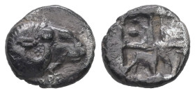Troas, Kebren. AR Obol, 0.98 g 10.11 mm. 5th century BC.
Obv: KEBREN, Head of ram right.
Rev:Quadripartite incuse square.
Ref:SNG Ashmolean 1081.
Fine...