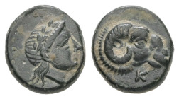 Troas, Kebren. Ae, 0.95 g 9.76 mm. Circa 387-310 BC.
Obv: Laureate head of Apollo right.
Rev: Ram’s head right; K below.
Ref: SNG München 287; SNG Cop...