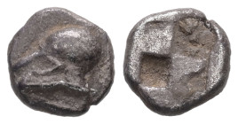 Troas, Neandria. AR, Obol. 0.69 g. 8.41 mm. Late 6th - 5th century BC.
Obv.: Corinthian helmet to left.
Rev.: Quadripartite incuse square.
Ref: Rosen ...