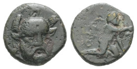 Troas, Ophrynion. AE, 1.39 g 11.83 mm. 4th century BC.
Obv: Helmeted head of Hektor facing slightly right.
Rev: OΦPY, Infant Dionysos kneeling right, ...