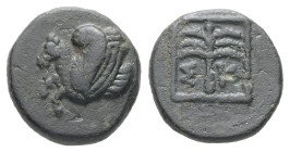 Troas, Skepsis. Ae, 1.41 g 11.58 mm. 4th century BC.
Obv: Rhyton with forepart of Pegasos left.
Rev: Σ - Κ. Fir tree within linear square border.
Ref:...