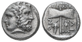 Troas, Tenedos. AR Drachm, 3.74 g 15.08 mm. Late 5th-early 4th centuries BC.
Obv: Janiform head of a diademed female left and laureate male right.
Rev...