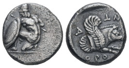 Mysia, Kisthene. Orontes. Satrap of Mysia, AR Tetrobol, 2.67 g 13.77 mm. Circa 357-352 BC.
Obv: Nude hoplite crouching left behind shield, spear at r...