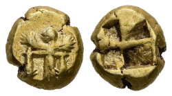 Mysia, Kyzikos. EL Hemihekte, 1.35 g 8.44 mm. Circa 600-550 BC.
Obv: Winged figure standing standing left, holding two tunnies by their tail 
Rev: Inc...