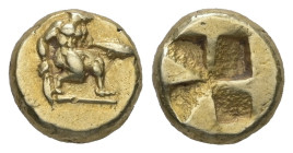 Mysia, Kyzikos. EL Hemihekte, 1.32 g 8.44 mm. Circa 500-450 BC. 
Obv: Youthful male figure, wearing tainia with frontal spike, kneeling right, holding...