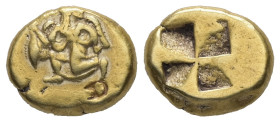 Mysia, Kyzikos. EL Hekte, 2.69 g 12.22 mm. Circa 550-450 BC.
Obv: Nike advancing left, head right, holding tunny fish by the tail.
Rev: Quadripartite ...