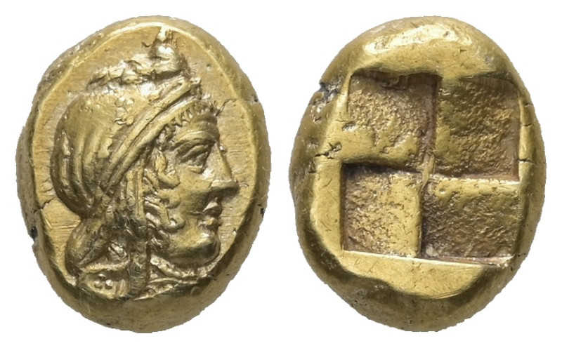 Mysia, Kyzikos. EL Hekte, 2.56 g 11.09 mm. Circa 450-330 BC.
Obv: Head of Attis...