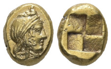 Mysia, Kyzikos. EL Hekte, 2.56 g 11.09 mm. Circa 450-330 BC.
Obv: Head of Attis right, wearing Phrygian headdress; [below, tunny right]
Rev: Quadrip...