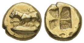 Mysia, Kyzikos. EL Hekte, 2.74 g 10.99 mm. Circa 550-450 BC.
Obv: Lioness or panther at bay left on tunny left 
Rev: Quadripartite incuse square.
Ref:...