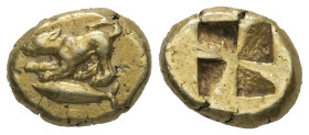 Mysia, Kyzikos. El Hekte, 2.72 g 11.77 mm. Circa 500-450 BC. 
Obv: Lioness or panther at bay left on tunny left. 
Rev: Quadripartite incuse square. 
R...