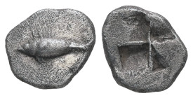 Mysia, Kyzikos. AR Hemiobol. 0.61 g. 9.67 mm. c. 550-480 BC.
Obv.: Tunny fish swimming left.
Rev.: Quadripartite incuse square.
Ref.: Von Fritze, Nomi...