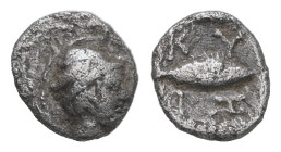 Mysia, Kyzikos. AR Tetartemorion, 0.22 g 6.56 mm. Circa 525-475 BC.
Obv: Head of Hermes to right, wearing winged pilos.
Rev: KY/IΖ, Tunny to right; al...