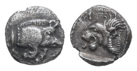 Mysia, Kyzikos. AR Tetartemorion, 0.25 g 6.73 mm. Circa 450-400 BC.
Obv: Forepart of boar to left; to right, tunny fish swimming upwards
Rev. Head of ...