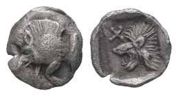 Mysia, Kyzikos. AR Tetartemorion, 0.17 g 6.99 mm. Circa 450-400 BC.
Obv: Forepart of boar left; tunny to right.
Rev: Head of roaring lion left; star t...