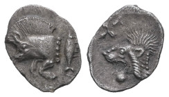 Mysia, Kyzikos. AR, Hemiobol. 0.38 g. 10.60 mm. Circa 450-400 BC.
Obv.: Forepart of boar left; to right, tunny upward.
Rev.: Head of roaring lion left...