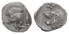 Mysia, Kyzikos. AR, Hemiobol. 0.35 g. 10.18 mm. Circa 450-400 BC.
Obv.: Forepart of boar left; to right, tunny upward.
Rev.: Head of roaring lion left...