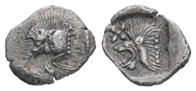 Mysia, Kyzikos. AR, Hemiobol. 0.36 g. 10.18 mm. Circa 450-400 BC.
Obv.: Forepart of boar left; to right, tunny upward.
Rev.: Head of roaring lion left...