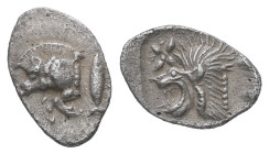 Mysia, Kyzikos. AR, Hemiobol. 0.37 g. 10.98 mm. Circa 450-400 BC.
Obv.: Forepart of boar left; to right, tunny upward.
Rev.: Head of roaring lion left...