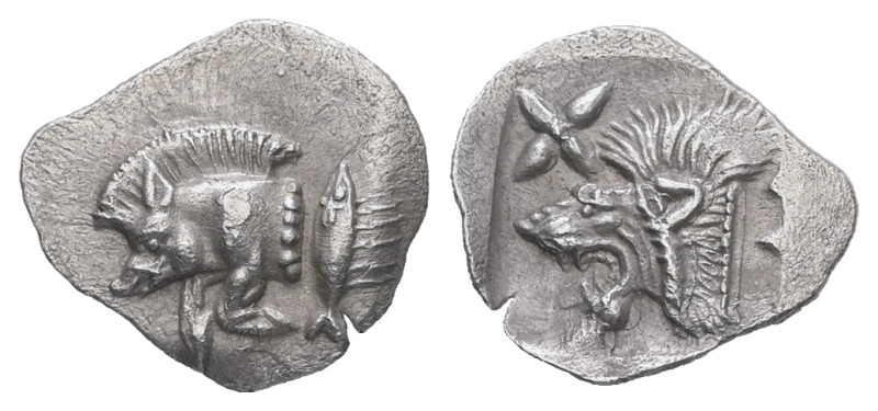 Mysia, Kyzikos. AR, Hemiobol, 0.40 g. 11.13 mm. Circa 450-400 BC.
Obv.: Forepart...