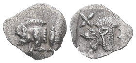 Mysia, Kyzikos. AR, Hemiobol, 0.40 g. 11.13 mm. Circa 450-400 BC.
Obv.: Forepart of boar left; to right, tunny upward.
Rev.: Head of roaring lion left...