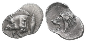 Mysia, Kyzikos. AR Obol. 0.84 g. 13.61 mm. Circa 450-400 BC.
Obv.: Forepart of boar left, with Ǝ on shoulder; to right, tunny upward.
Rev.: Head of ro...
